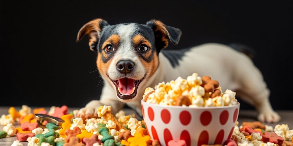 a dog with its mouth open and a bowl of popcorn